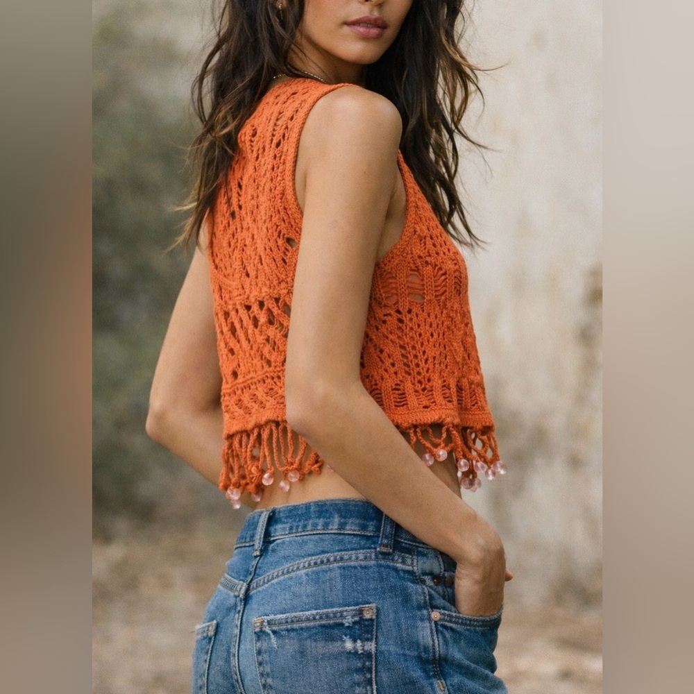 Zara NWT Orange Beaded Crochet Knit Tank Top Boho Retro Festival sz S Summer